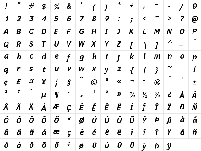 Cadman Bold Italic  glyph index