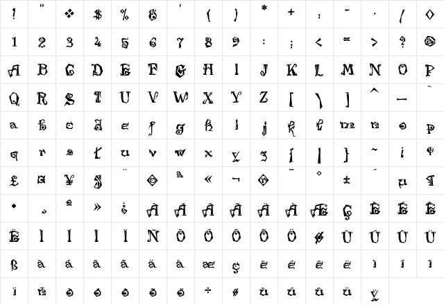 Damosel Regular  glyph index