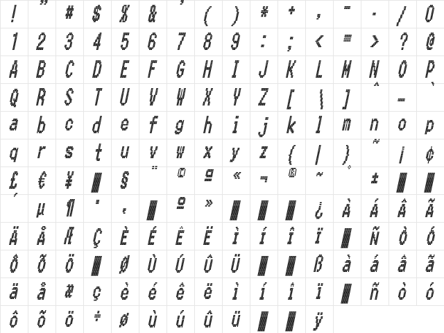CallNineL-Italic Regular  glyph index