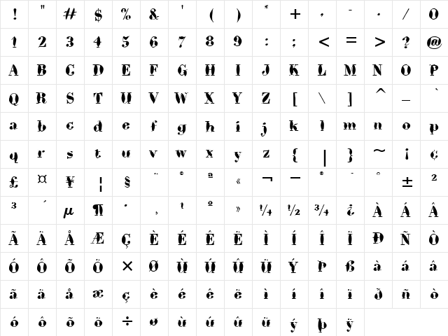 Bodoni Brush ITC TT Regular  glyph index