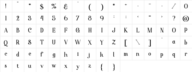starla bold Regular  glyph index