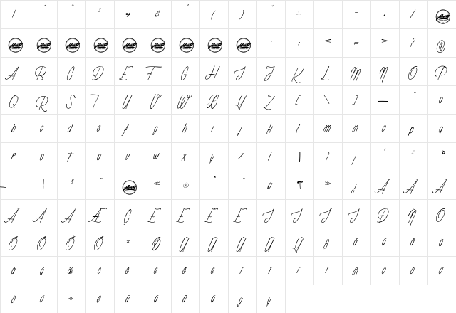 Rhapsodize Slim_PersonalUseOnly Regular  glyph index