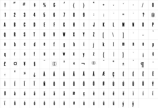 BlockGothicRR Regular  glyph index