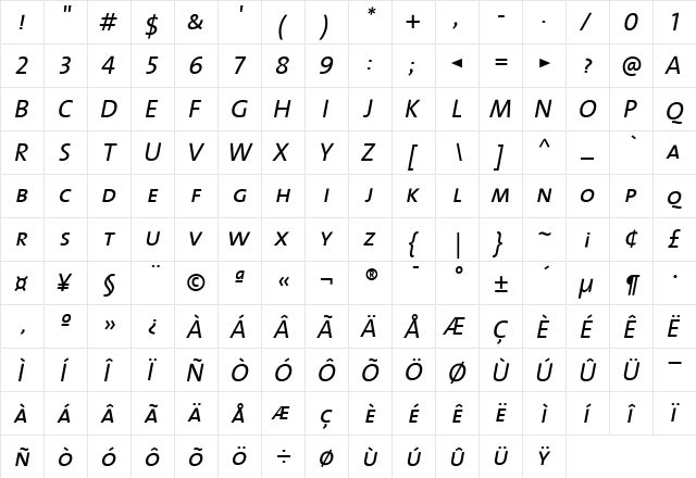The Sans- Italic  glyph index