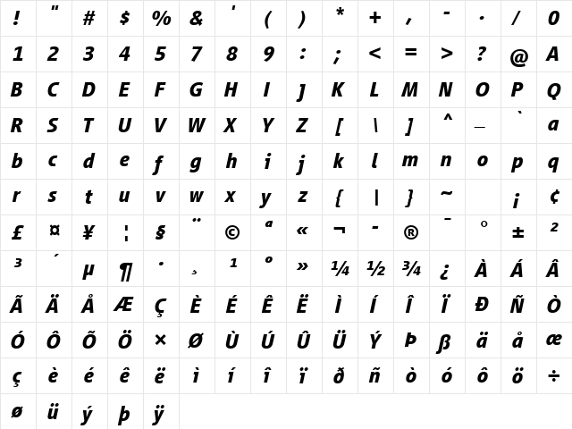 Vialog LT Com Bold Italic  glyph index