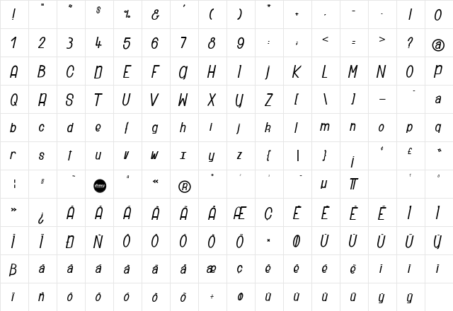 Ridiculous Regular  glyph index