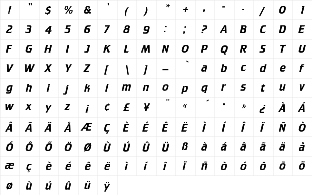 CrilleeEF Italic  glyph index