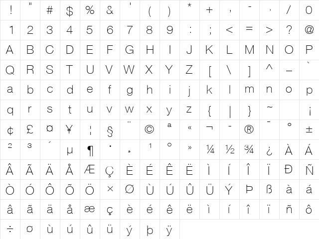 Helvetica Neue LT Com 35 Thin  glyph index