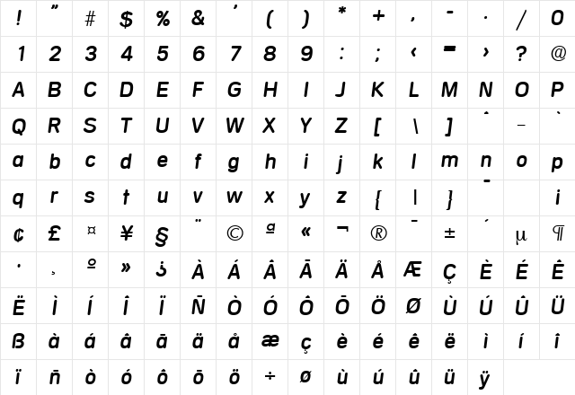 Mercedes-Serial RegularItalic  glyph index