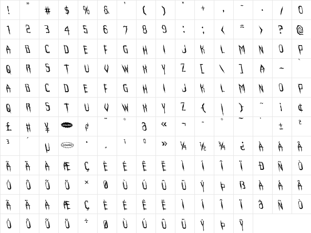 Horroroid Leftalic Italic  glyph index
