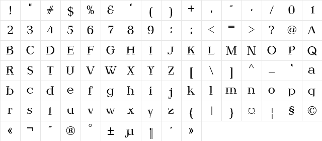 Debby Regular  glyph index
