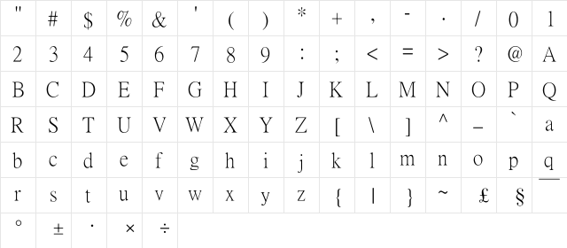 HanWangSinSongThin-Gb5 Gb5  glyph index