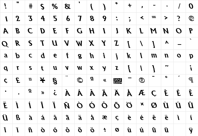 AlbertaBackslant Bold  glyph index