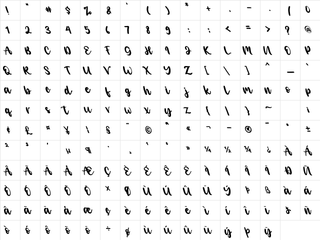 Angelica Caroline Tilted Regular  glyph index