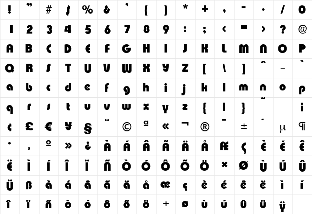 ExpressaSerial-Heavy Regular  glyph index