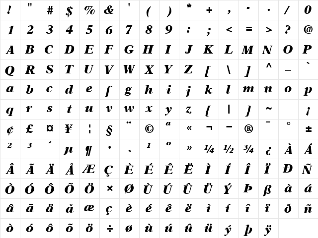 OrchidBlackSSK Bold Italic  glyph index