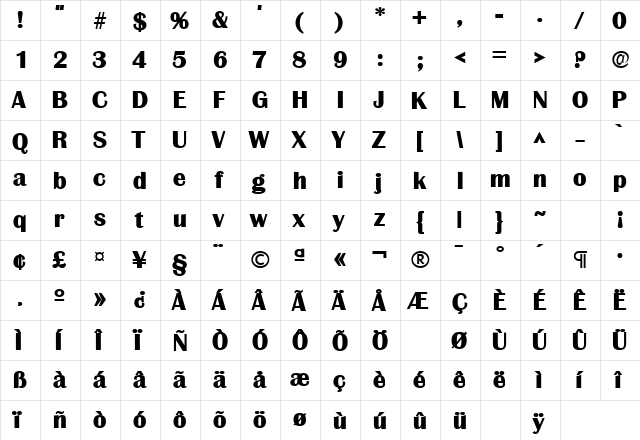 GrenobleLH Bold  glyph index