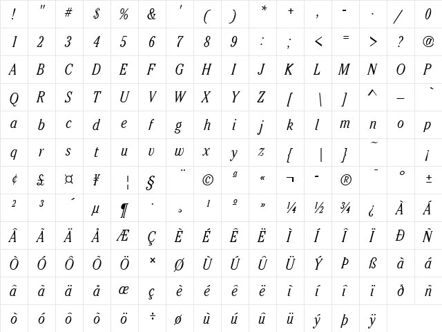 CheltenhamCondLH Italic  glyph index