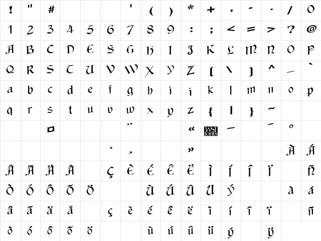 WackyCalligraphic Regular  glyph index
