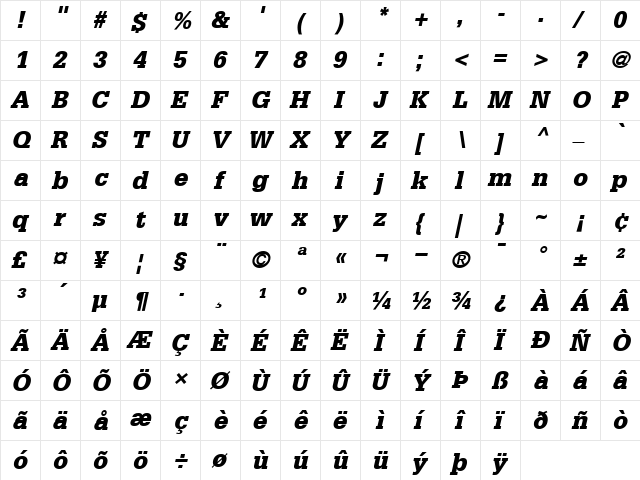 Glypha75-Black BlackItalic  glyph index