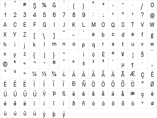 Asket Narrow Light  glyph index