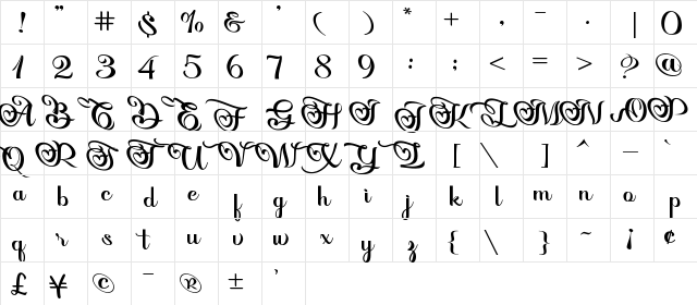 Onarie Regular  glyph index
