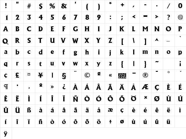 AlbertaExtrabold Regular  glyph index