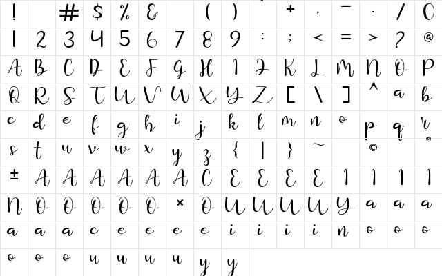 Purple Queen Regular  glyph index