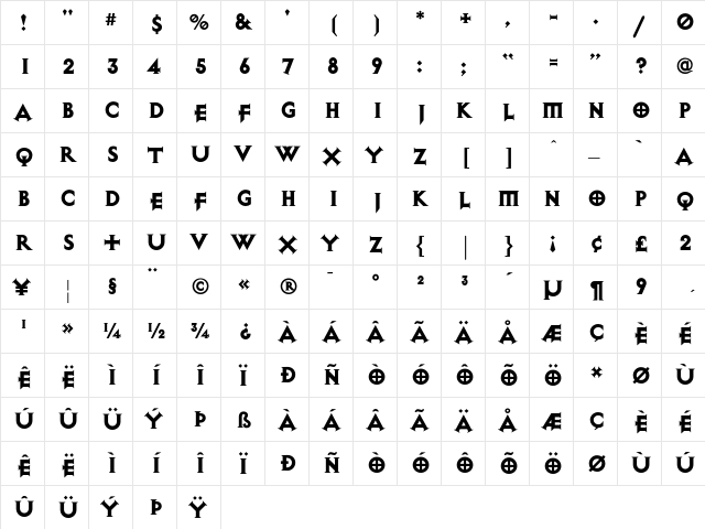ExocetHeavy Regular  glyph index