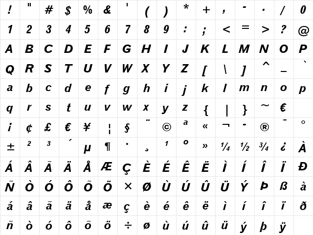 Gothic720 BT Bold Italic  glyph index