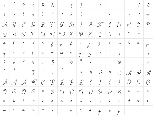 Kaylari Regular  glyph index
