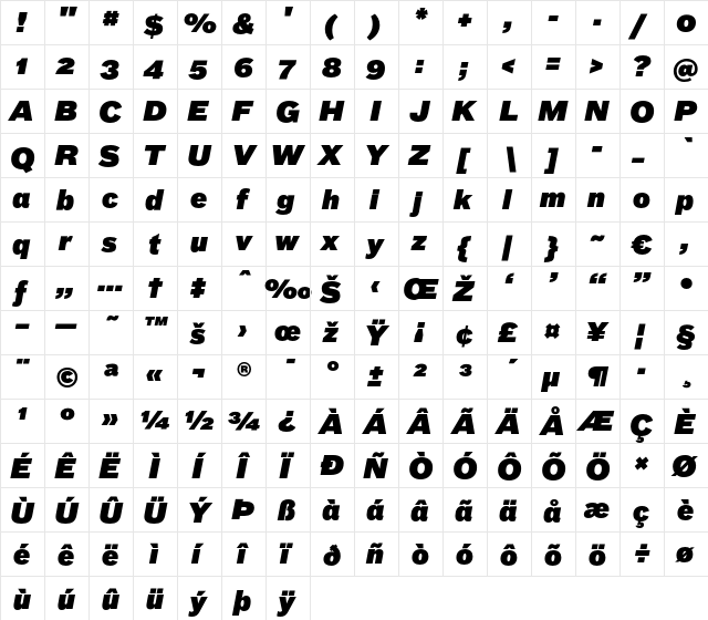 Bau-SuperItalic Regular  glyph index