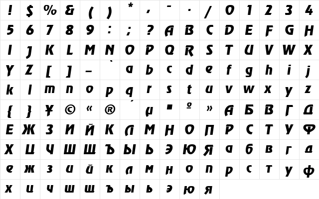 Revue Rus Italic  glyph index
