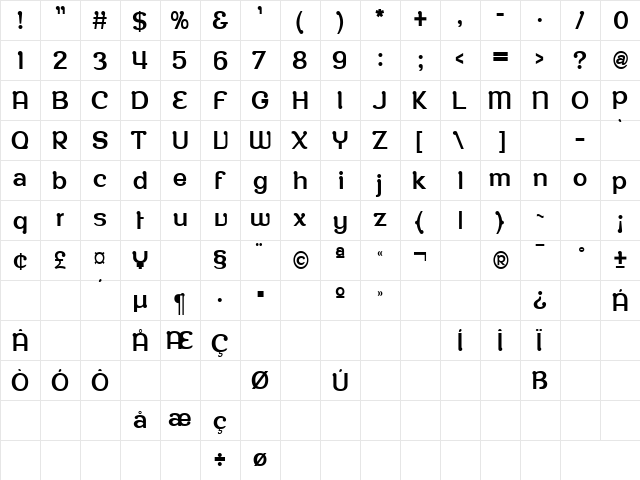 RoppongiThin Regular  glyph index