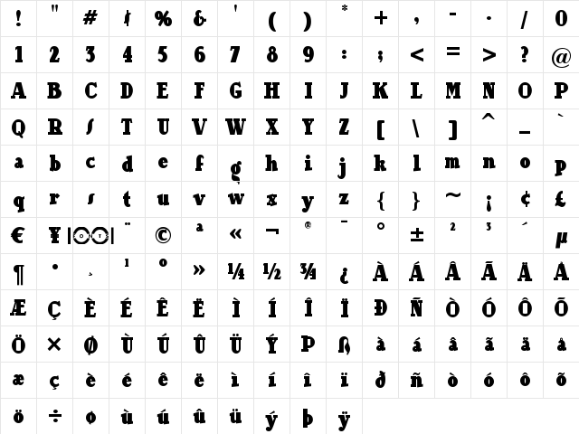 Our Gang NF Regular  glyph index