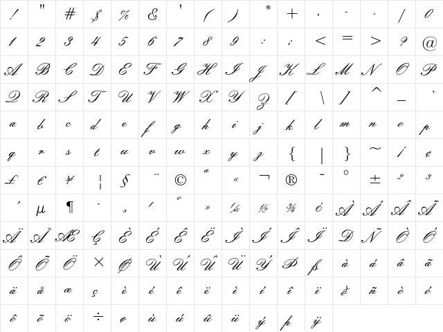 Embassy Regular  glyph index