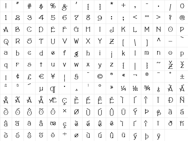 Almost Heaven NF Regular  glyph index