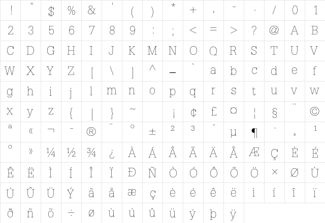 Glypha LT Std 35 Thin  glyph index