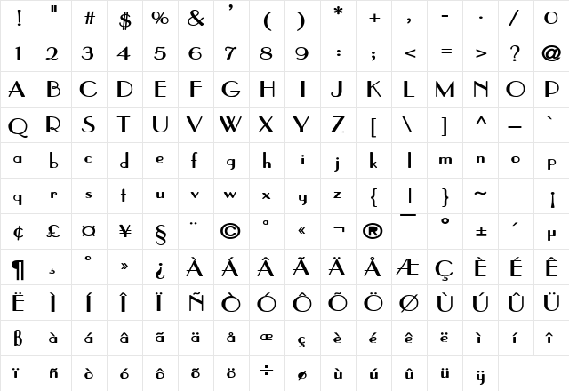 Paris Wide Bold  glyph index