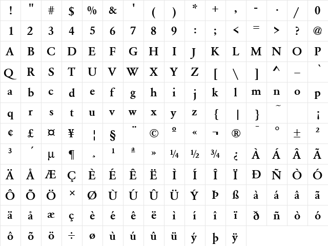 Garamond No3 Bold  glyph index