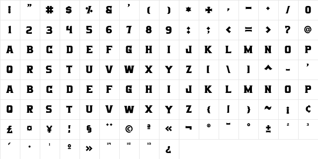 Bigboz bold  glyph index