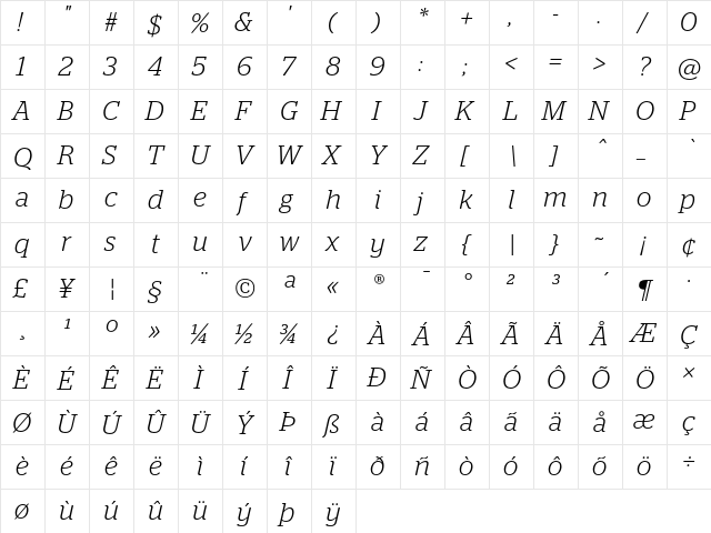 Stag Light Italic  glyph index