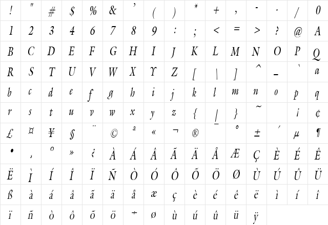 JoulliardCondensed Italic  glyph index