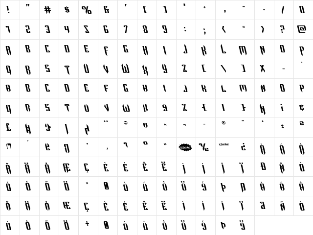 The Immortal Leftalic Italic  glyph index