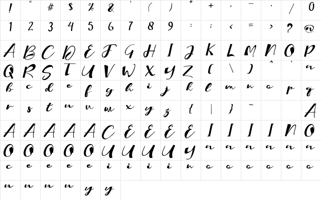 Claudia Regular  glyph index