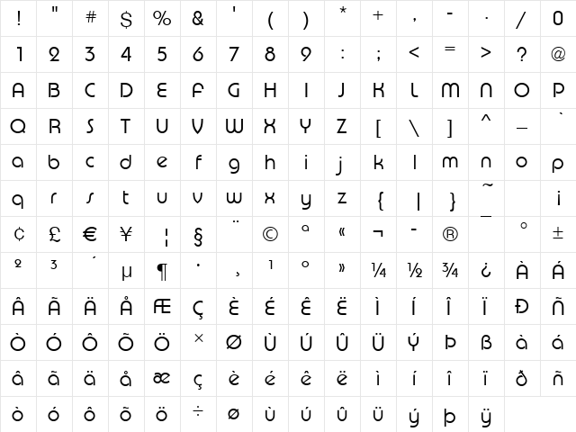 Puente-Light Regular  glyph index