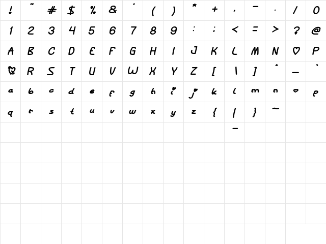 Queen of Love Negreta cursiva  glyph index