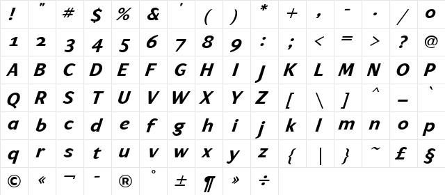 ArtemiusSans SN TT Bold Italic  glyph index