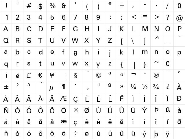 Zurich BT Roman  glyph index