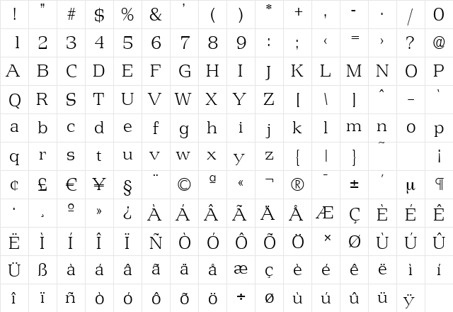 PenthouseSerial-Xlight Regular  glyph index